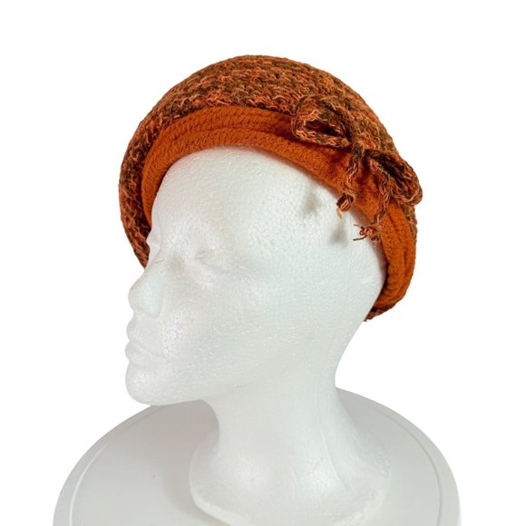 Everett Original Knitted Beret Hat VTG 70s Orange Brown Textured Wool Bow Retro - Picture 7 of 13